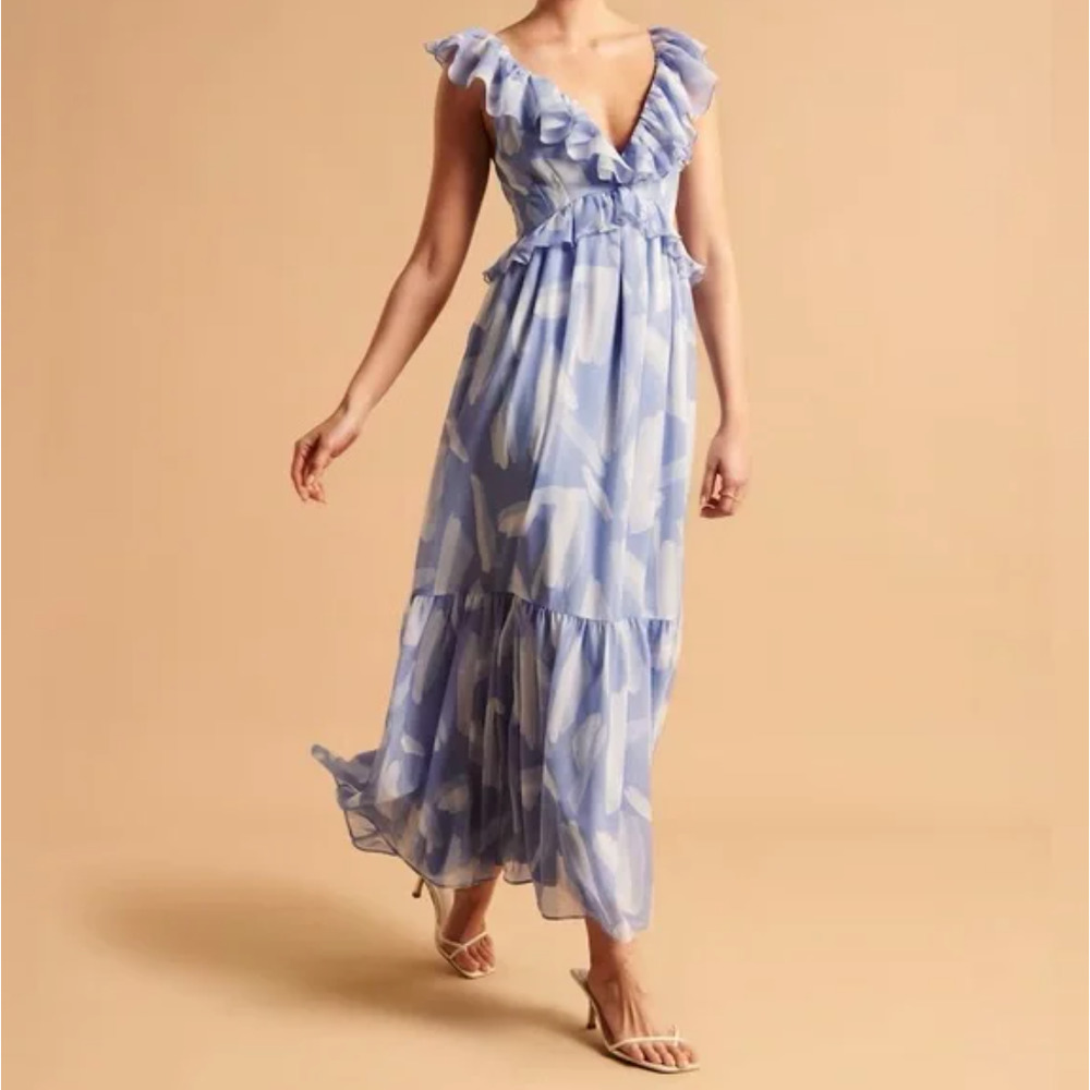 ABERCROMBIE & FITCH Drama Ruffle Maxi Dress Blue Clouds {3T15}